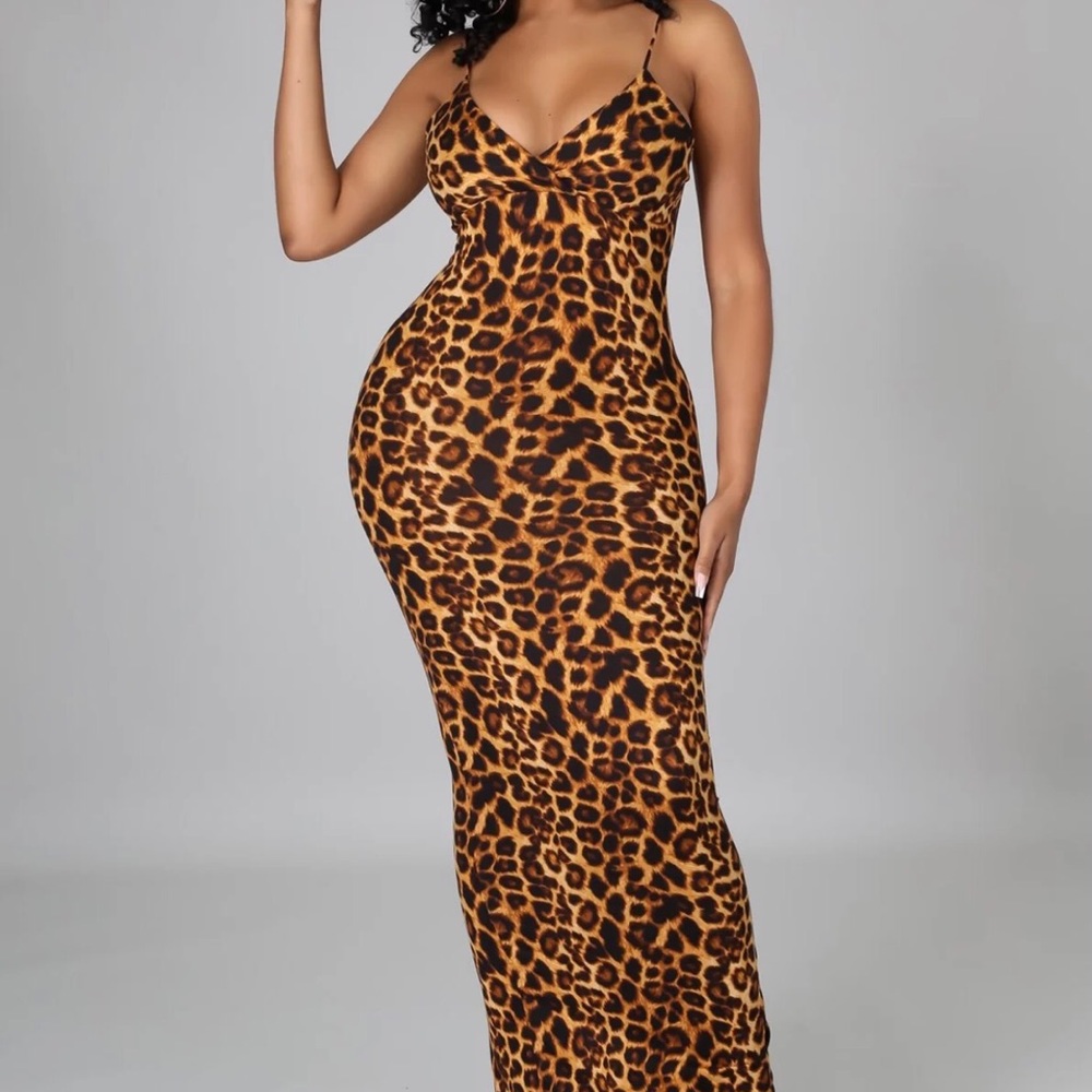 Leopard Print Maxi Slip Dress - Brown